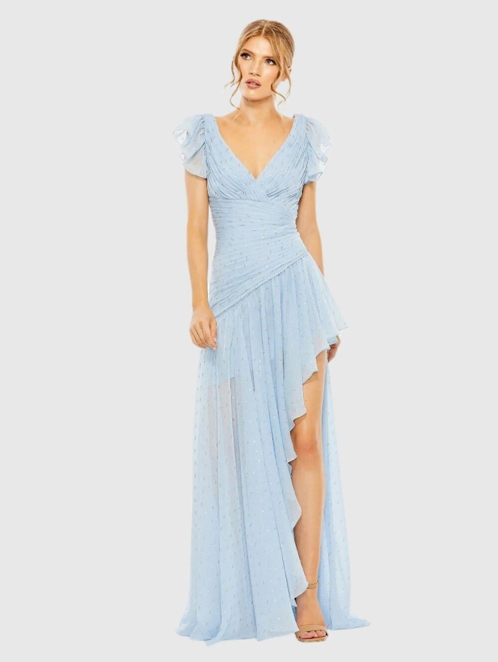 Mac Duggal Ice Blue V-Neck Ruffled Evening Gown NWT Size 2 - Picture 1 of 4